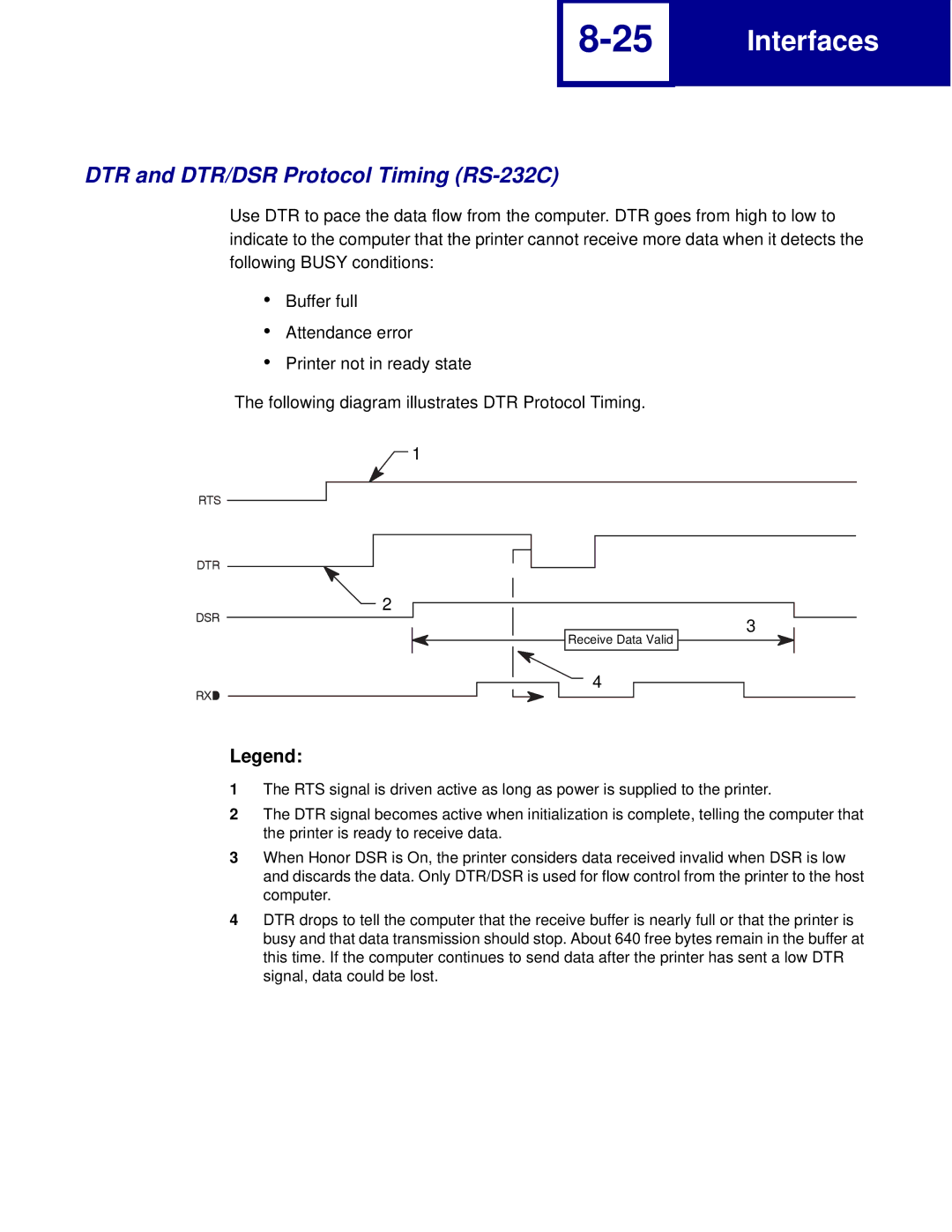 Lexmark C762, C760 manual DTR and DTR/DSR Protocol Timing RS-232C 