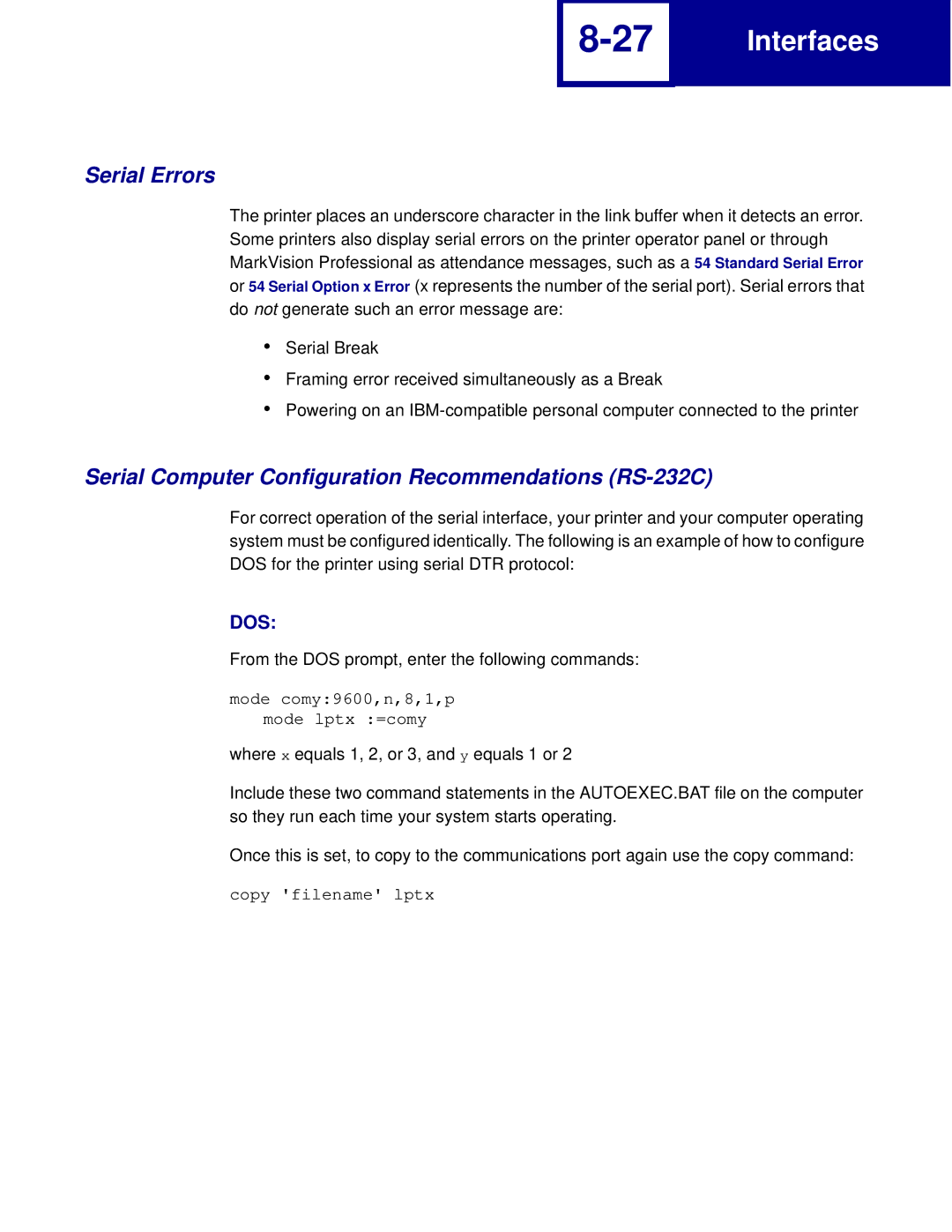 Lexmark C762, C760 manual Serial Errors, Serial Computer Configuration Recommendations RS-232C 