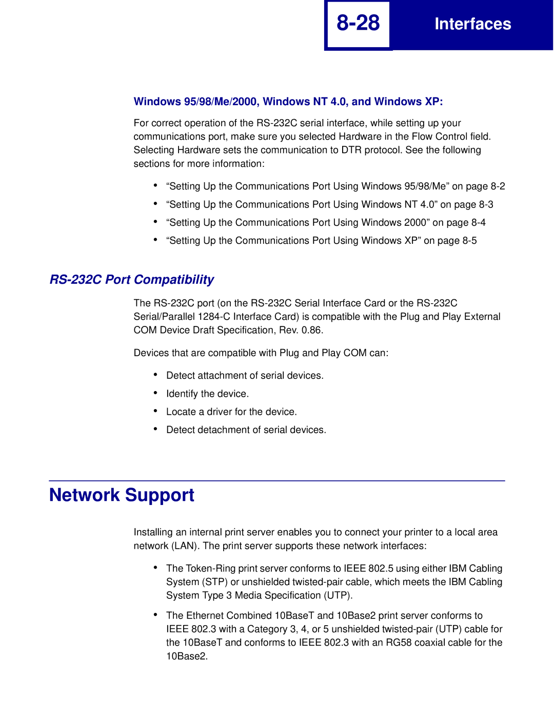 Lexmark C760, C762 manual Network Support, RS-232C Port Compatibility 