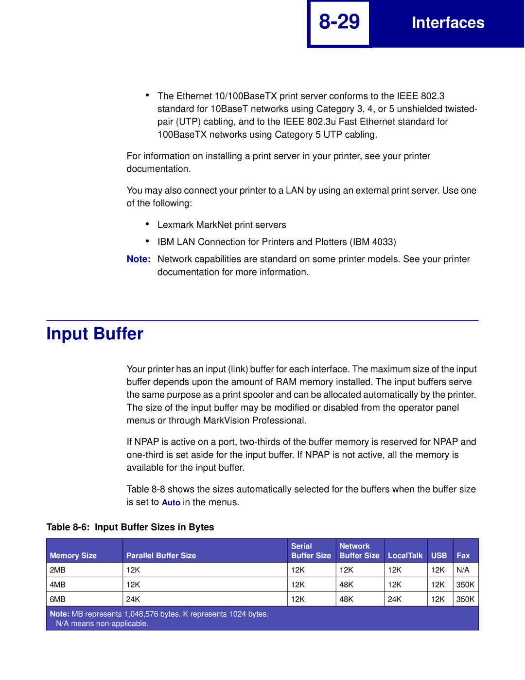 Lexmark C762, C760 manual Input Buffer Sizes in Bytes, Serial Network Memory Size Parallel Buffer Size LocalTalk, Fax 