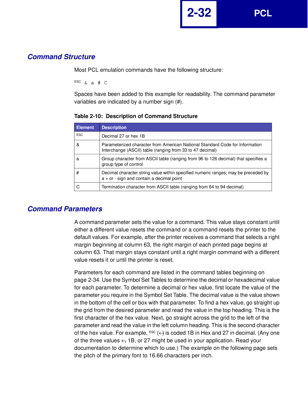 Lexmark C760, C762 manual Command Parameters, Description of Command Structure, Element Description 