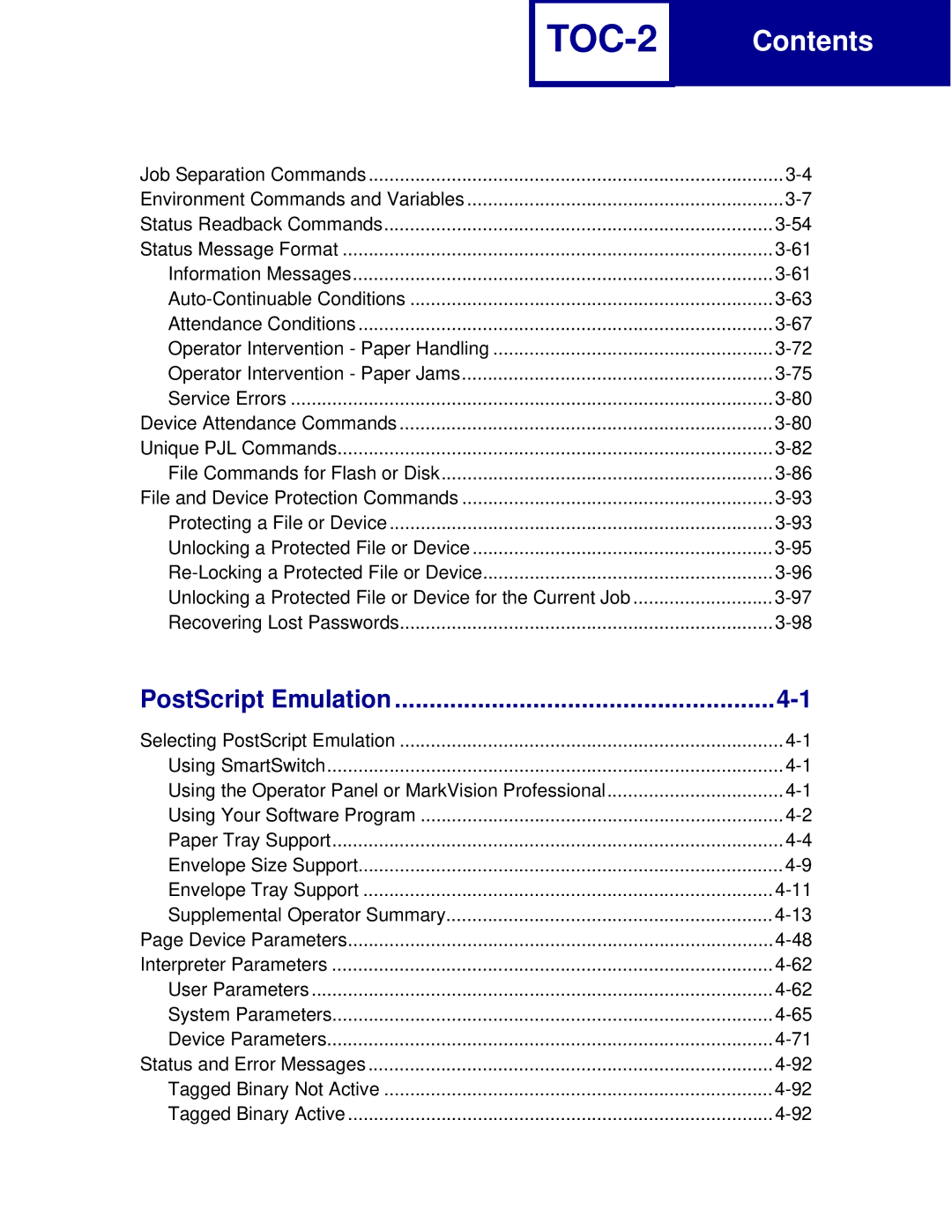 Lexmark C762, C760 manual TOC-2, PostScript Emulation 