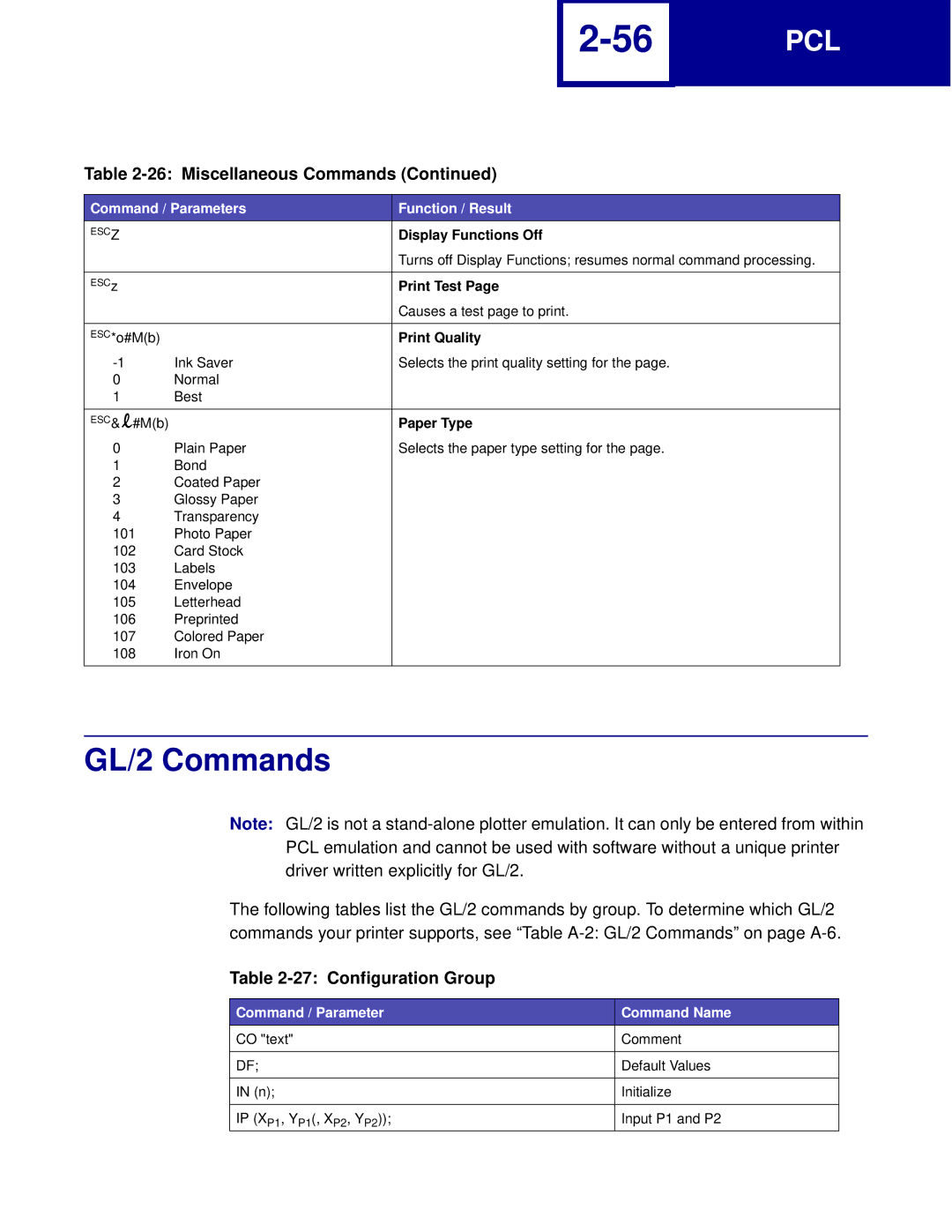 Lexmark C760, C762 manual GL/2 Commands, Configuration Group, Command / Parameter Command Name 