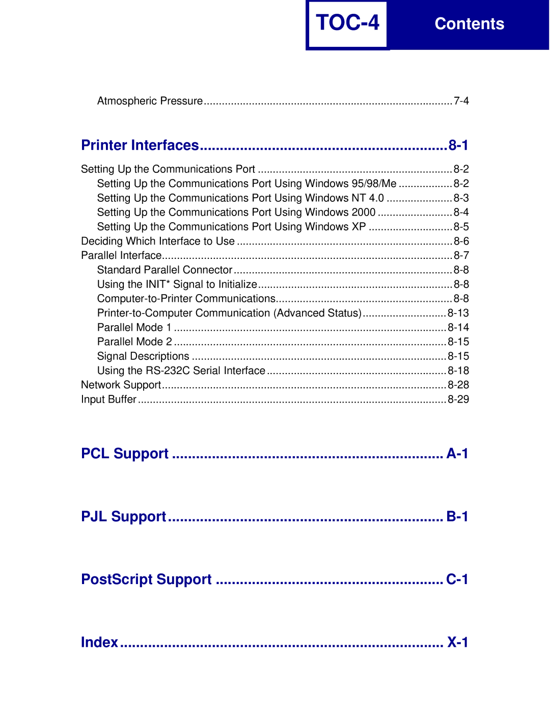 Lexmark C762, C760 manual TOC-4, PJL Support PostScript Support Index 