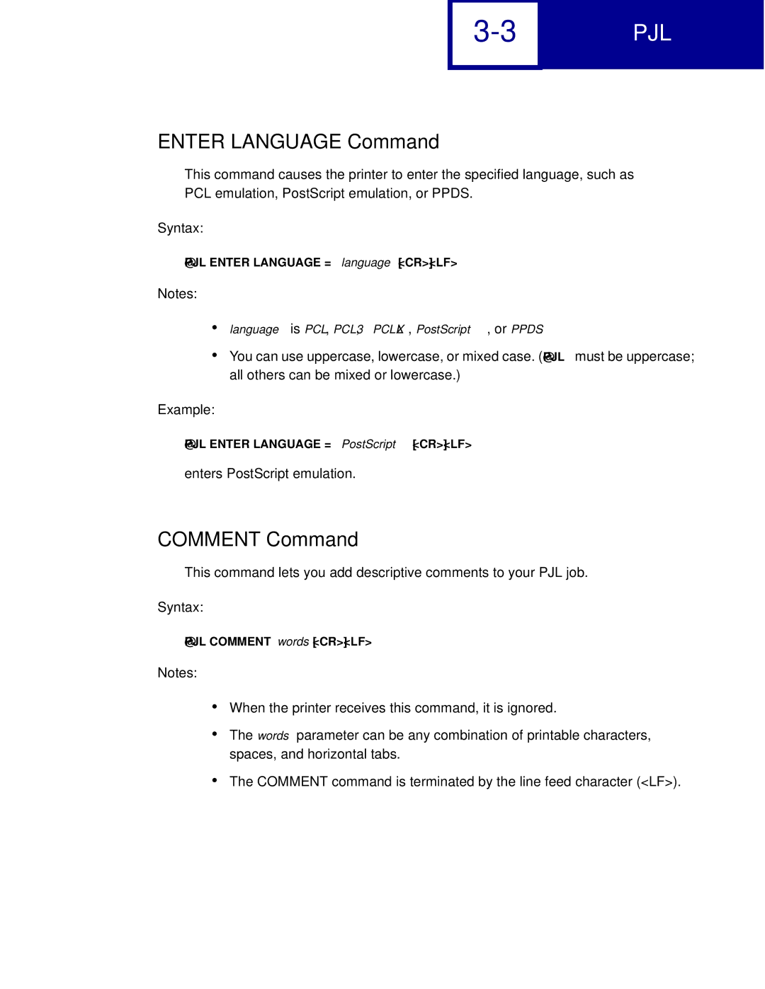 Lexmark C760, C762 manual Enter Language Command, Comment Command 