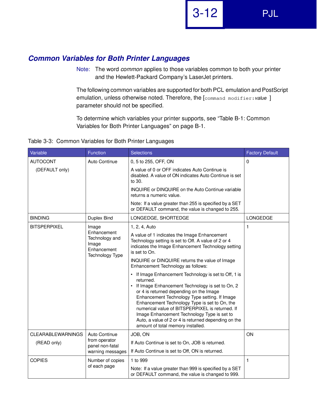 Lexmark C762, C760 manual Common Variables for Both Printer Languages, Variable Function Selections Factory Default 