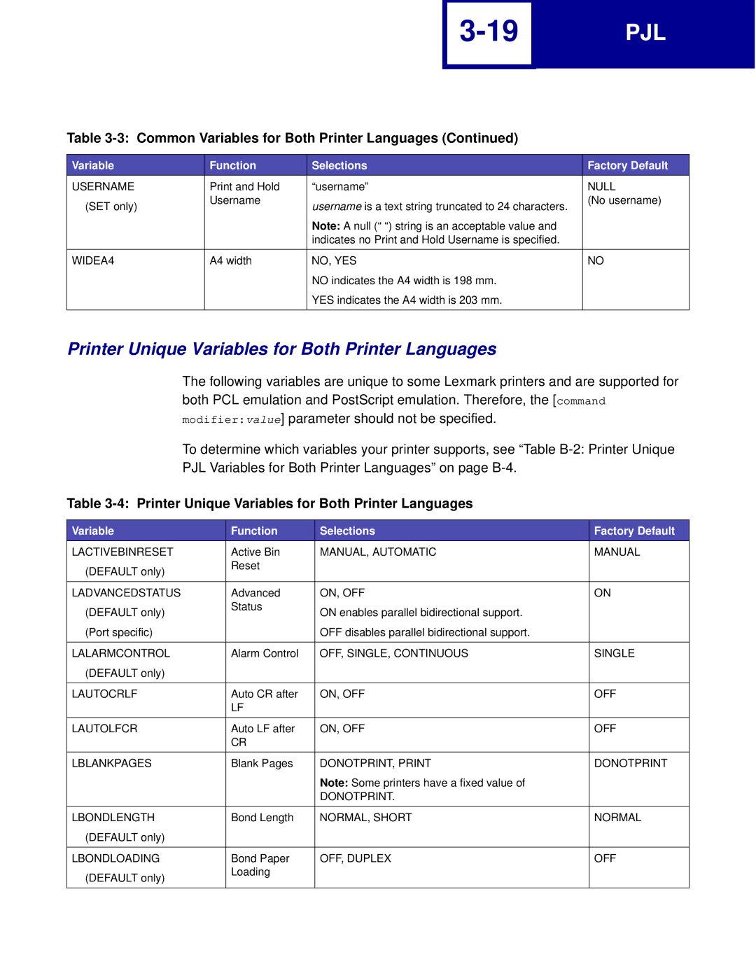 Lexmark C760, C762 manual Printer Unique Variables for Both Printer Languages 