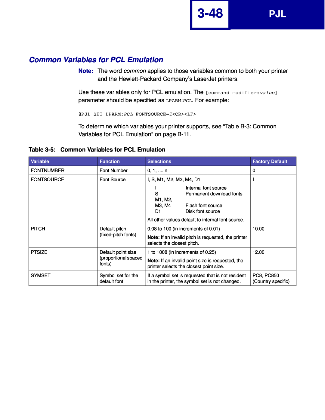 Lexmark C762, C760 manual 3-48, 5 Common Variables for PCL Emulation 