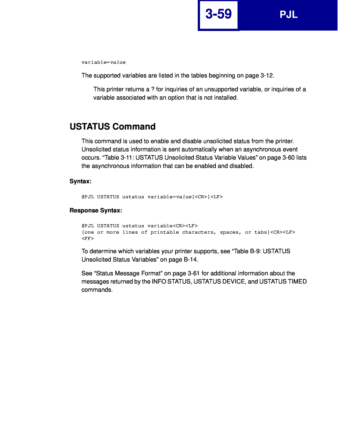Lexmark C760, C762 manual 3-59, USTATUS Command, Response Syntax 