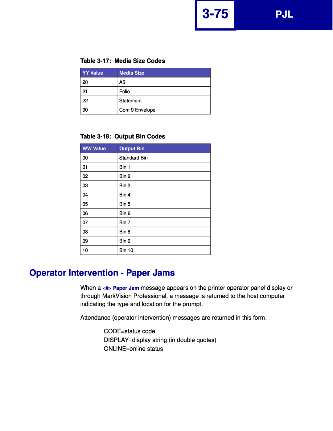 Lexmark C760, C762 manual 3-75, Operator Intervention - Paper Jams, 17 Media Size Codes, 18 Output Bin Codes, Com 9 Envelope 