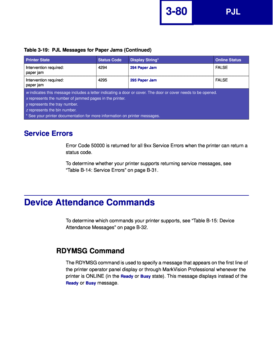 Lexmark C762 3-80, Device Attendance Commands, Service Errors, RDYMSG Command, 19 PJL Messages for Paper Jams Continued 