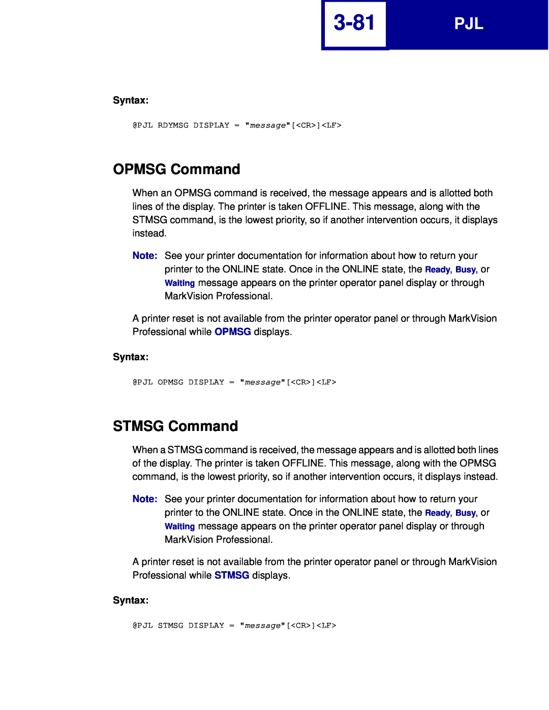 Lexmark C760, C762 manual 3-81, OPMSG Command, STMSG Command, Syntax 