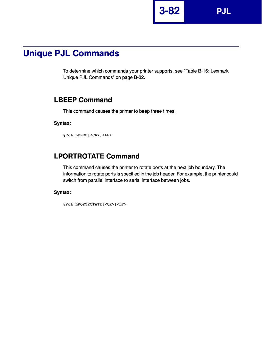 Lexmark C762, C760 manual 3-82, Unique PJL Commands, LBEEP Command, LPORTROTATE Command, Syntax 