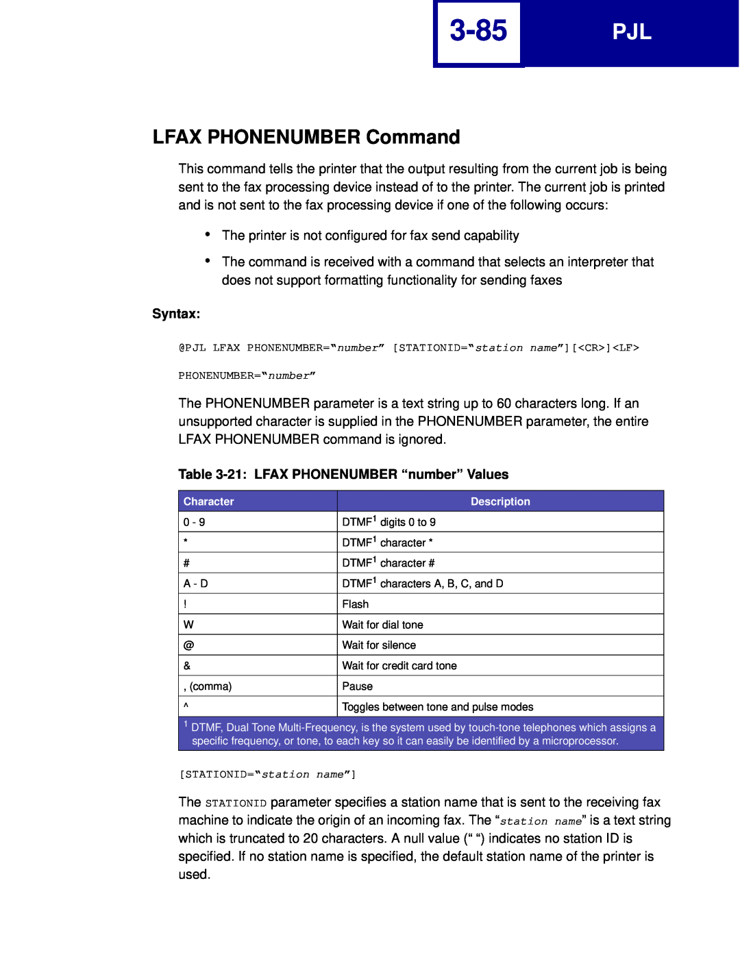 Lexmark C760, C762 manual 3-85, LFAX PHONENUMBER Command, Syntax, 21 LFAX PHONENUMBER “number” Values 