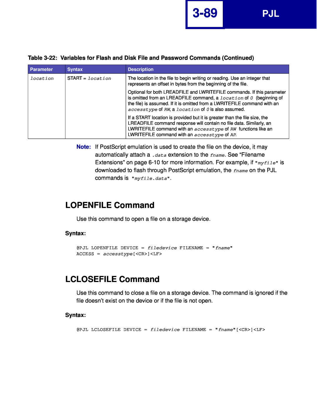 Lexmark C760, C762 manual 3-89, LOPENFILE Command, LCLOSEFILE Command, Syntax 