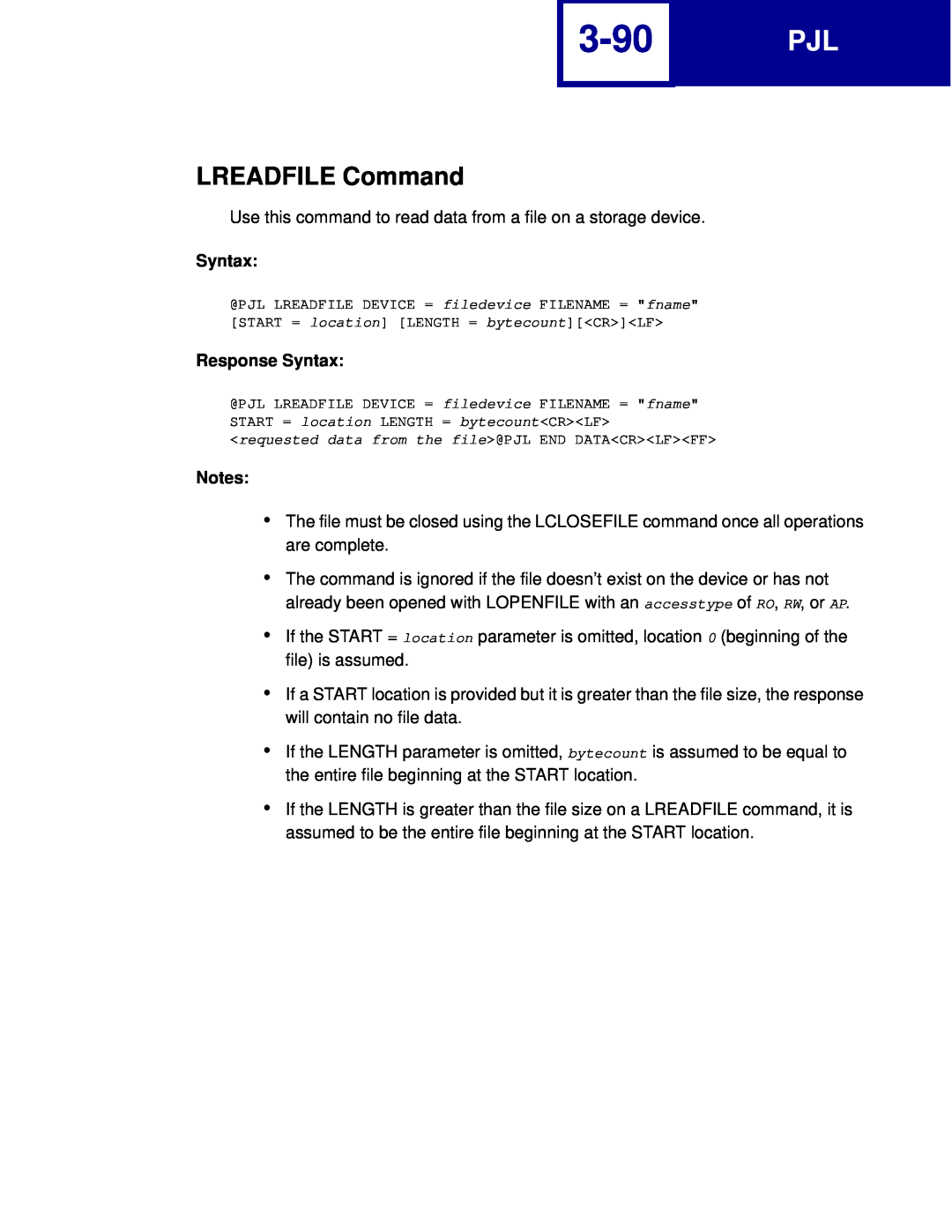 Lexmark C762, C760 manual 3-90, LREADFILE Command, Response Syntax 