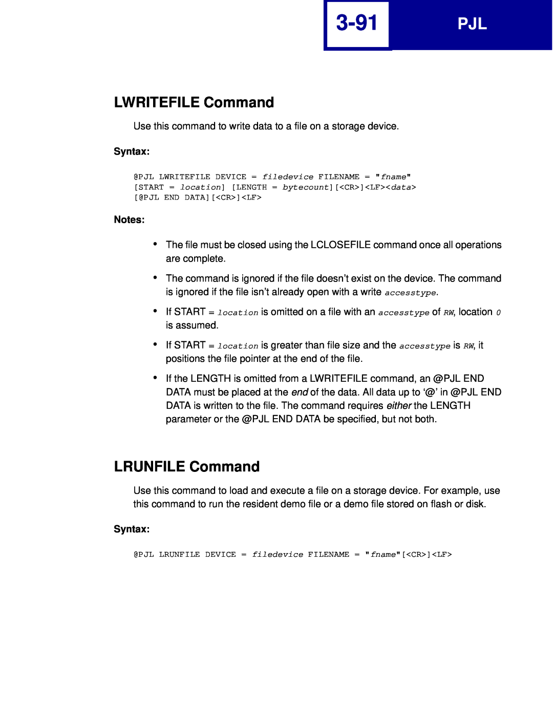 Lexmark C760, C762 manual 3-91, LWRITEFILE Command, LRUNFILE Command, Syntax 