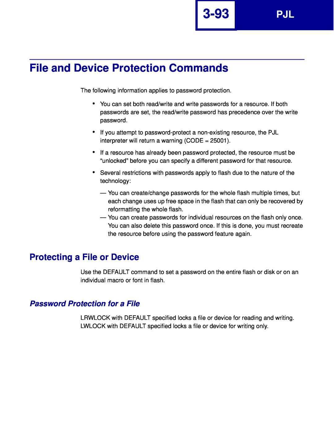 Lexmark C760, C762 3-93, File and Device Protection Commands, Protecting a File or Device, Password Protection for a File 