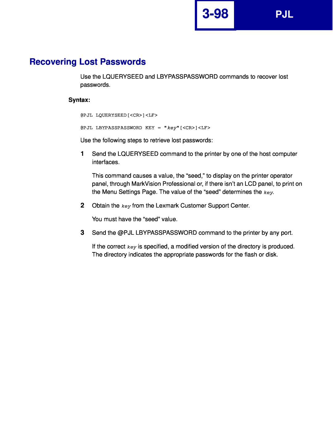 Lexmark C762, C760 manual 3-98, Recovering Lost Passwords, Syntax 