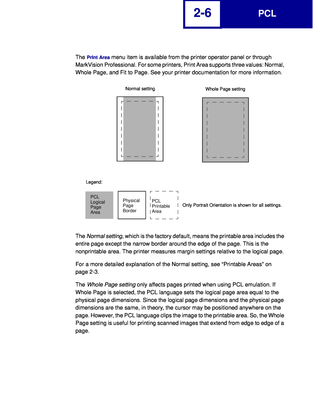 Lexmark C760, C762 Normal setting, Whole Page setting, PCL Logical Page Area, Physical Page Border, PCL Printable Area 