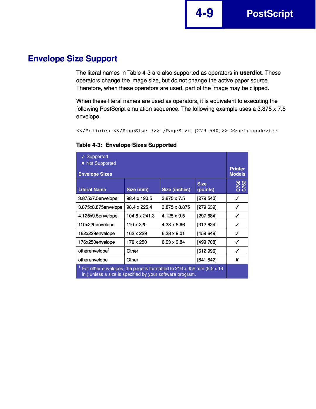 Lexmark C760, C762 manual Envelope Size Support, PostScript, 3 Envelope Sizes Supported 