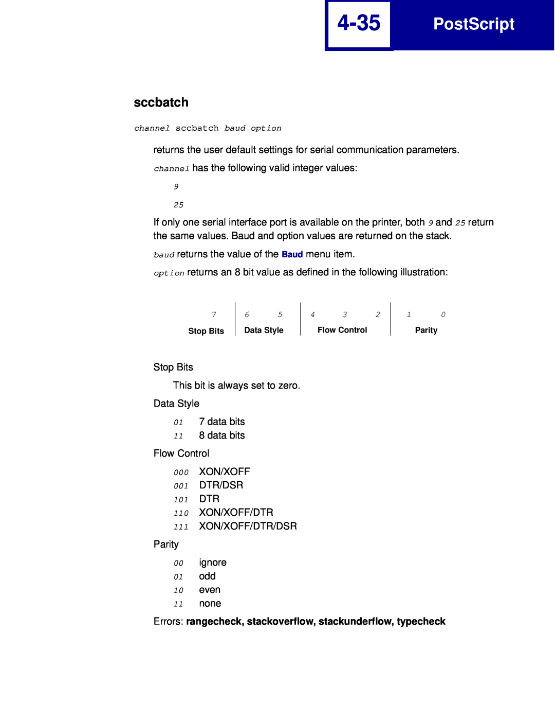 Lexmark C760, C762 manual 4-35, sccbatch, PostScript, Errors rangecheck, stackoverflow, stackunderflow, typecheck 