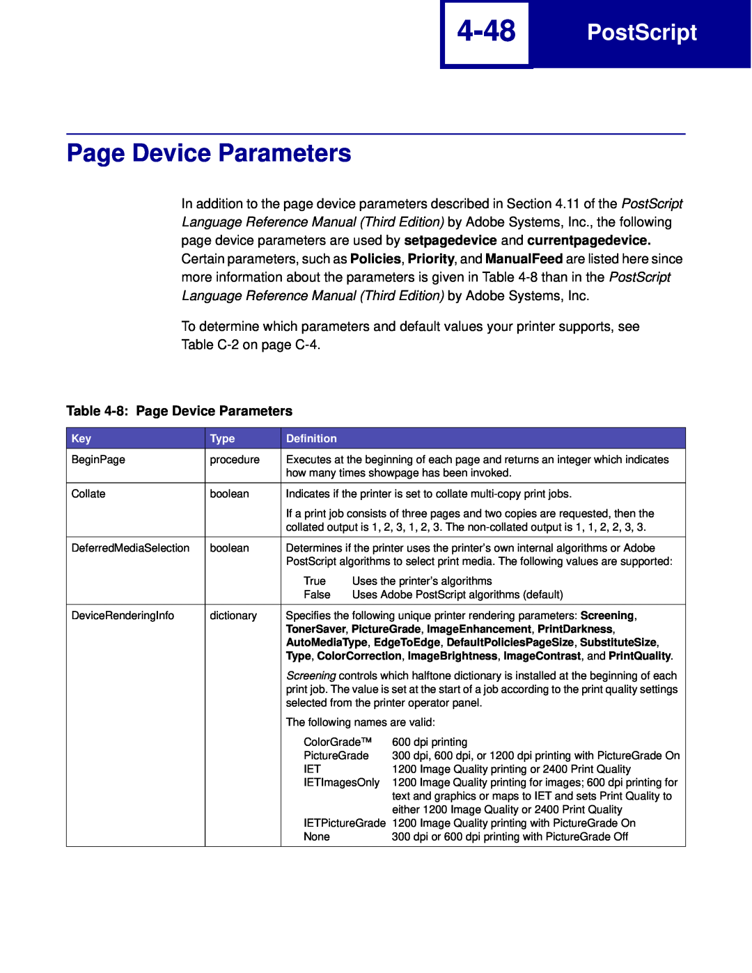Lexmark C762, C760 manual 4-48, PostScript, 8 Page Device Parameters 