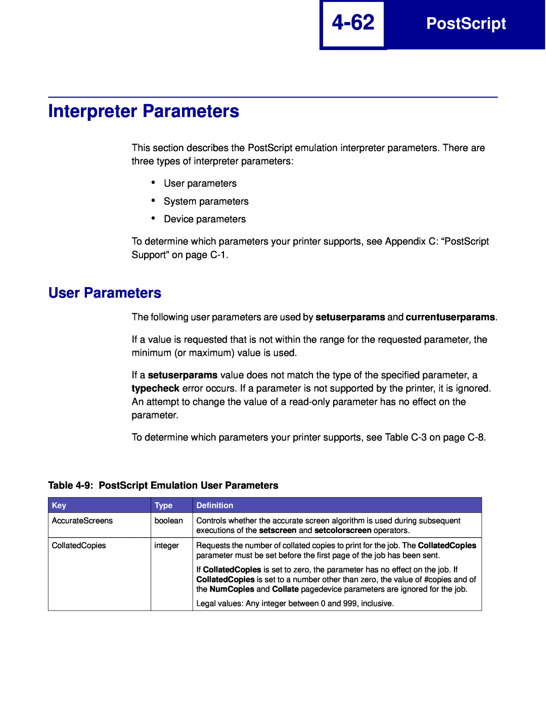 Lexmark C762, C760 manual 4-62, Interpreter Parameters, 9 PostScript Emulation User Parameters 