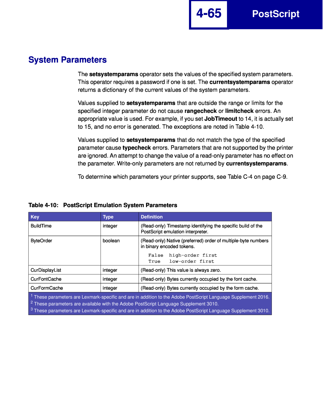 Lexmark C760, C762 manual 4-65, 10 PostScript Emulation System Parameters 