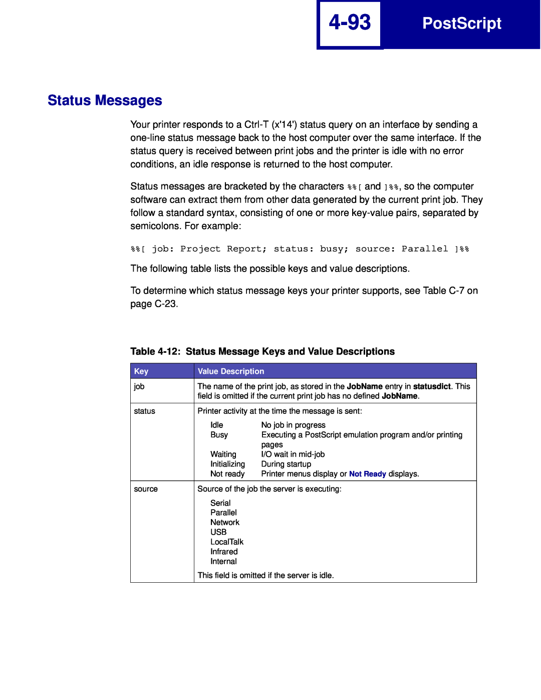 Lexmark C760, C762 manual 4-93, Status Messages, PostScript, 12 Status Message Keys and Value Descriptions 