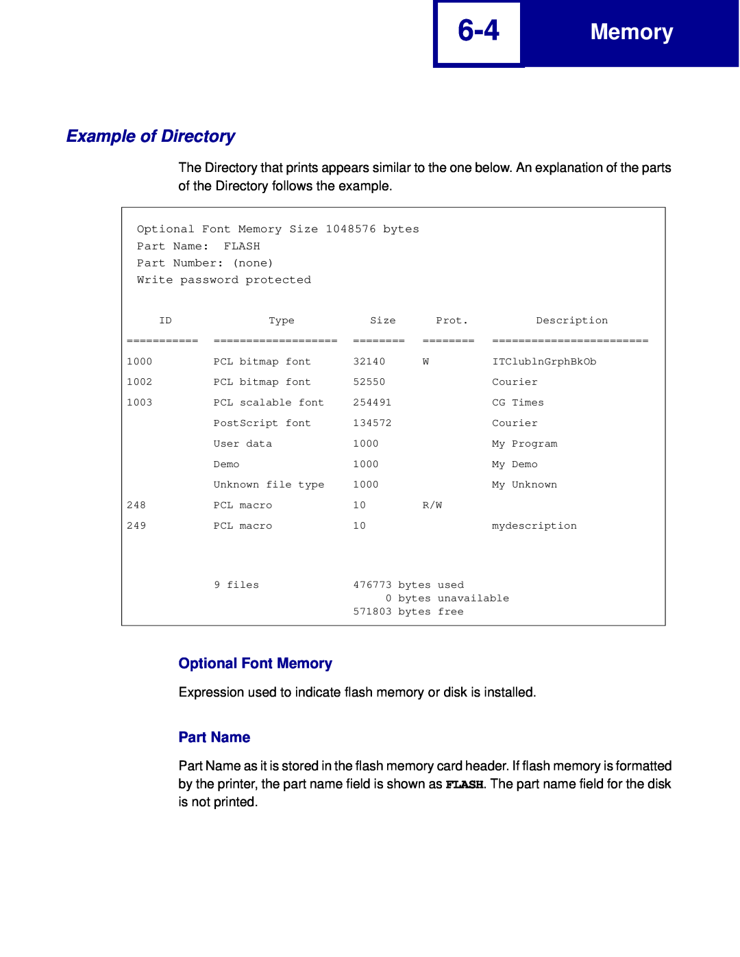 Lexmark C762, C760 manual Example of Directory, Optional Font Memory, Part Name 