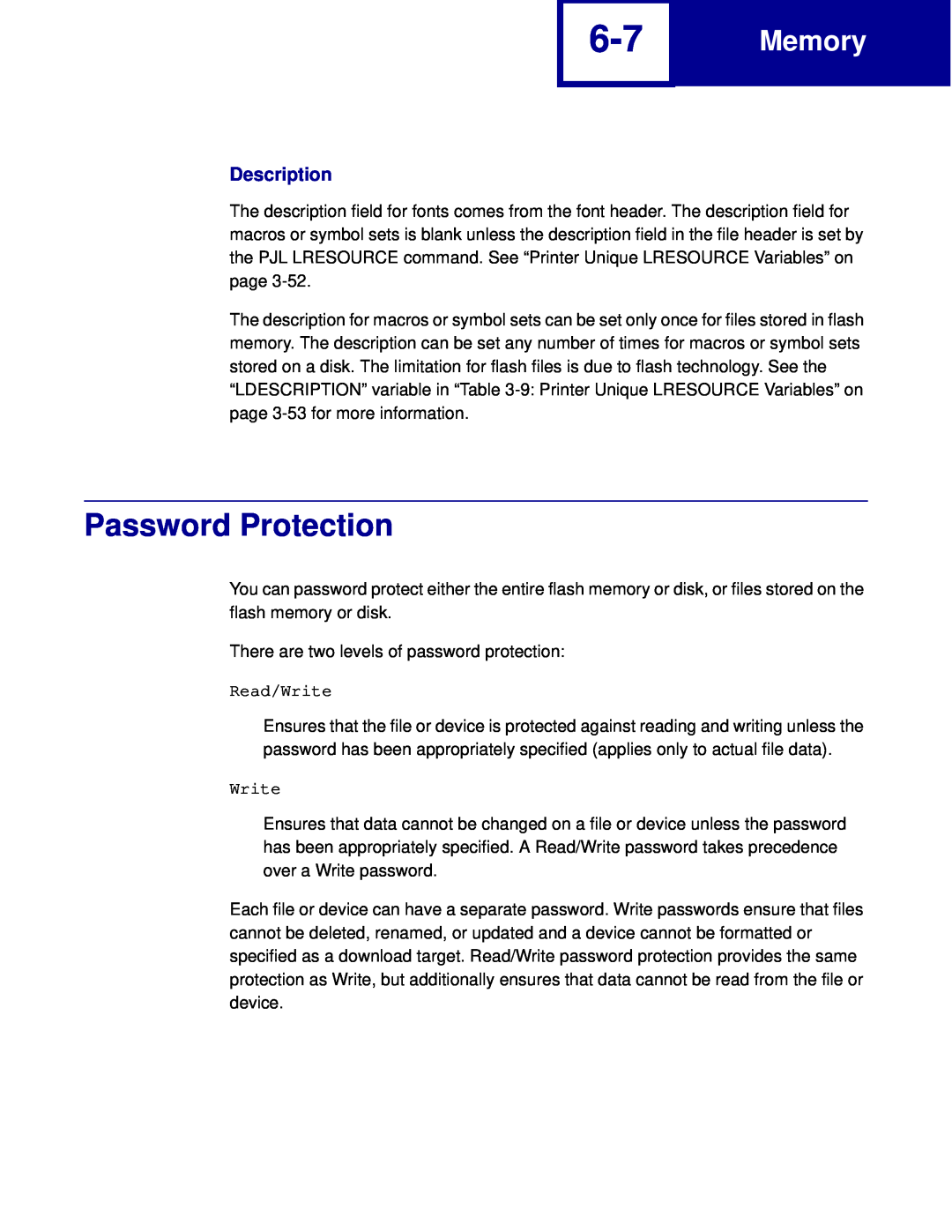 Lexmark C760, C762 manual Password Protection, Description, Memory 