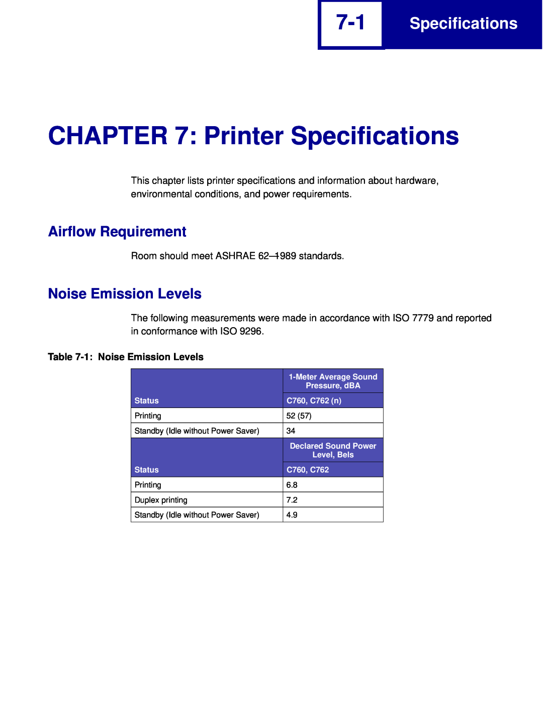 Lexmark C762, C760 manual Printer Specifications, Airflow Requirement, 1 Noise Emission Levels 
