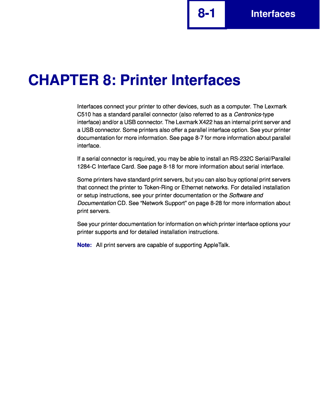 Lexmark C762, C760 manual Printer Interfaces 