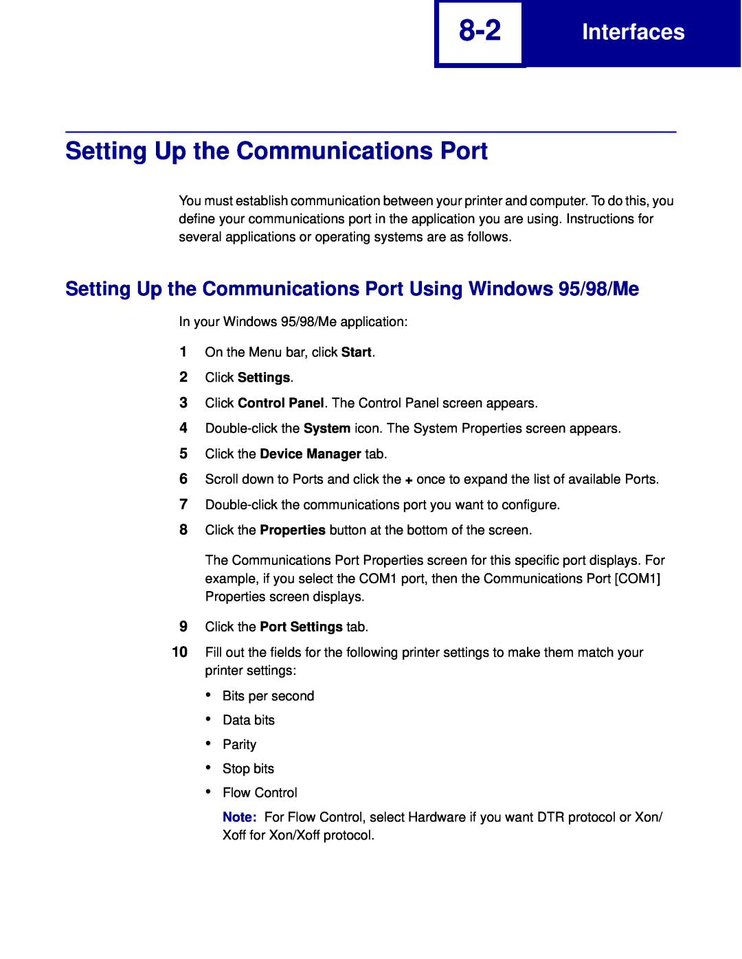 Lexmark C760, C762 manual Setting Up the Communications Port Using Windows 95/98/Me, Interfaces, Click Settings 