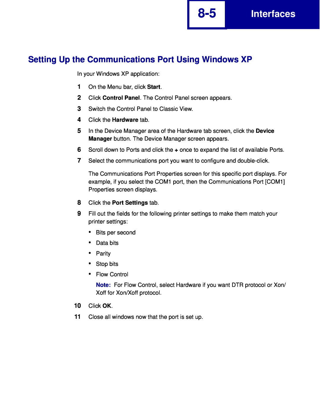 Lexmark C762, C760 manual Setting Up the Communications Port Using Windows XP, Interfaces 