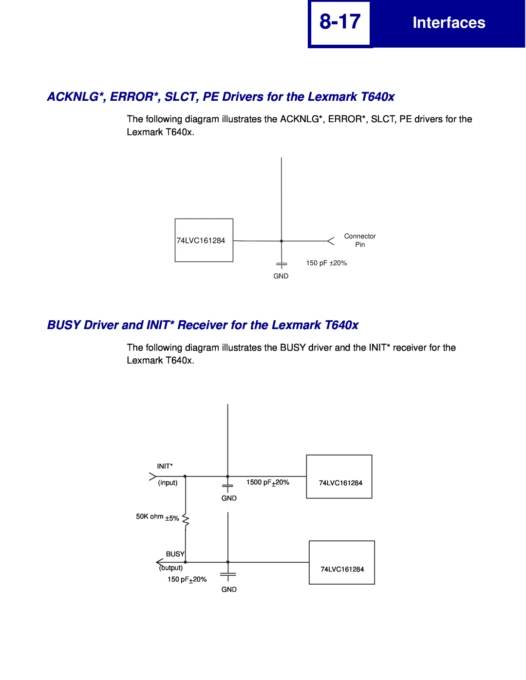 Lexmark C762, C760 manual 8-17, ACKNLG*, ERROR*, SLCT, PE Drivers for the Lexmark T640x, Interfaces, Connector 
