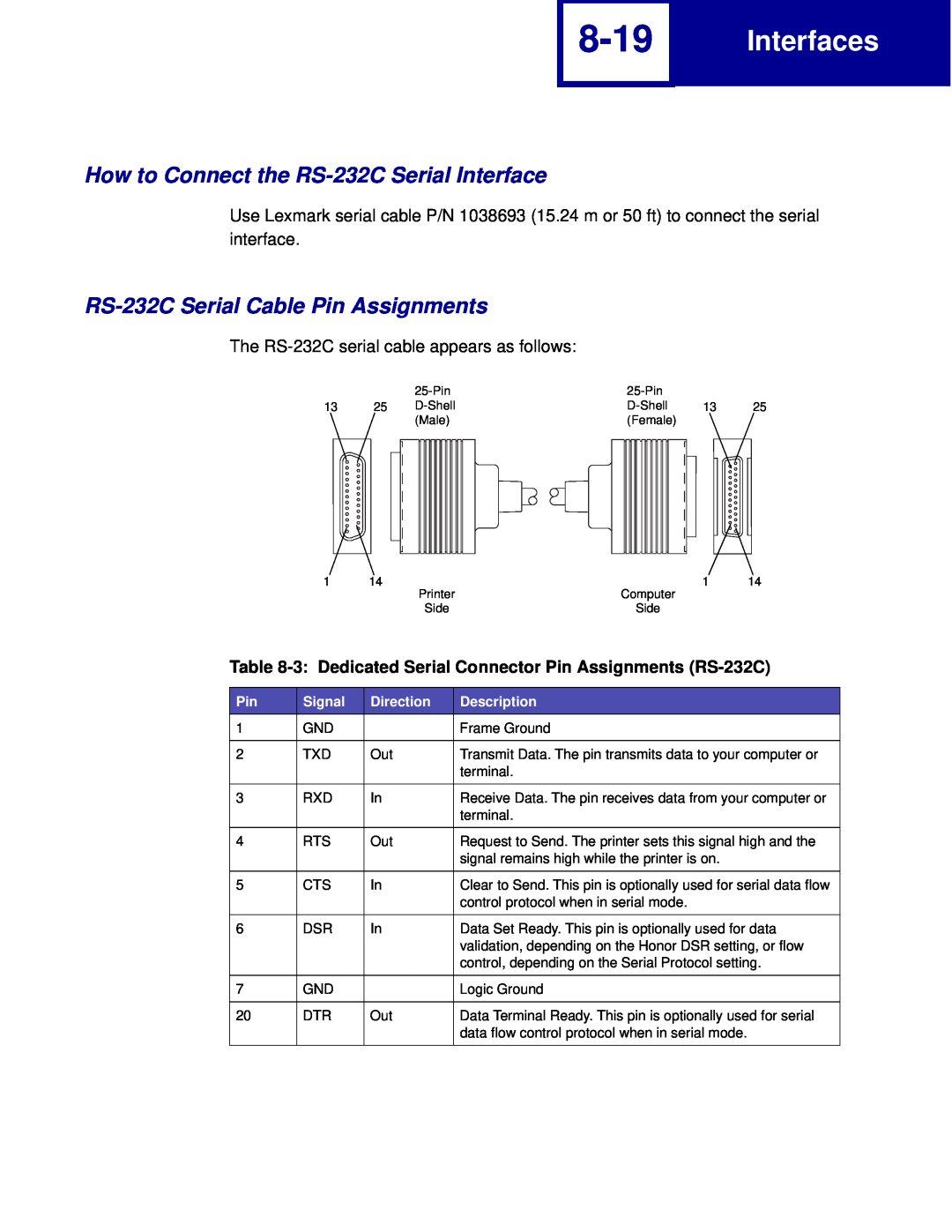 Lexmark C762, C760 8-19, How to Connect the RS-232C Serial Interface, RS-232C Serial Cable Pin Assignments, Interfaces 