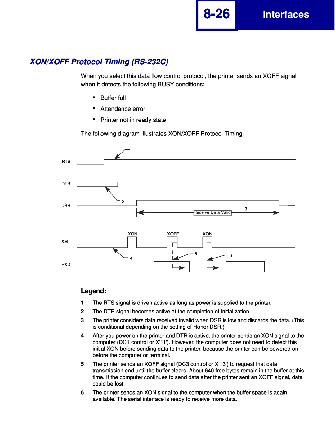 Lexmark C760, C762 manual 8-26, XON/XOFF Protocol Timing RS-232C, Interfaces 