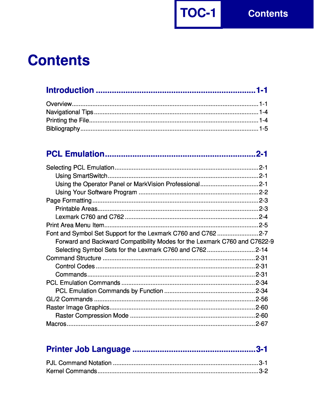 Lexmark C760, C762 manual Contents, TOC-1, PCL Emulation, Introduction, Printer Job Language 
