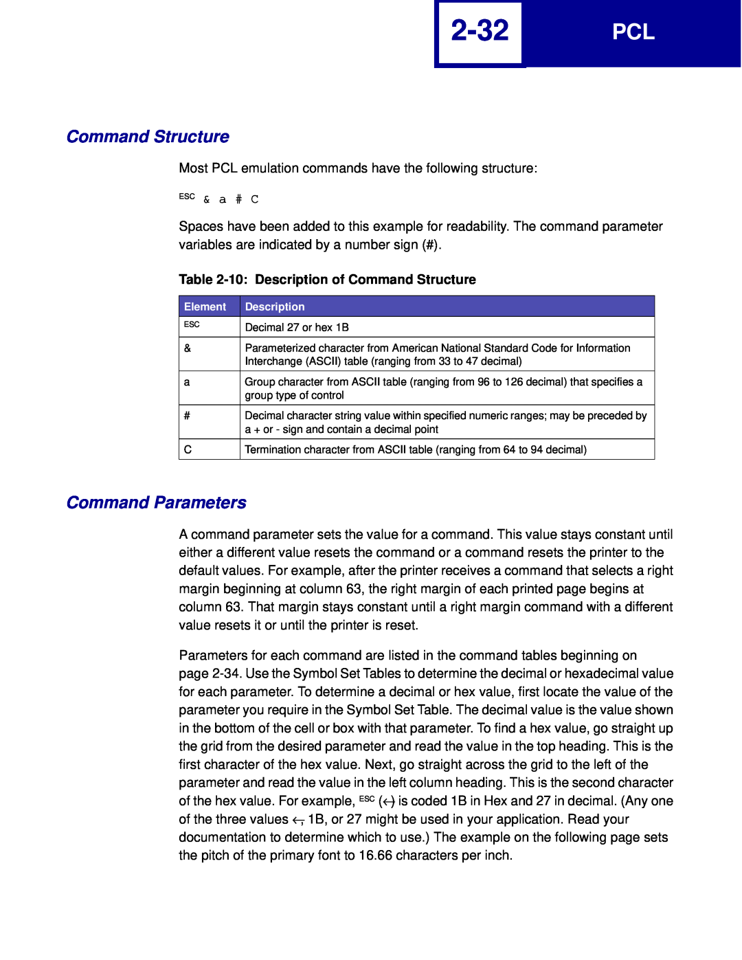 Lexmark C760, C762 manual 2-32, Command Parameters, 10 Description of Command Structure 