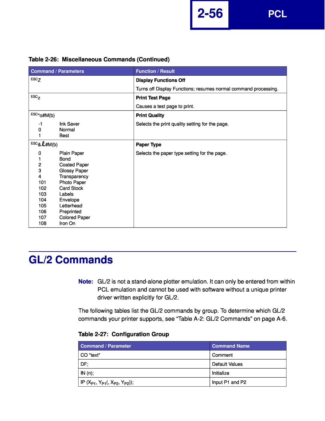 Lexmark C760, C762 manual 2-56, GL/2 Commands, 26 Miscellaneous Commands Continued, 27 Configuration Group 