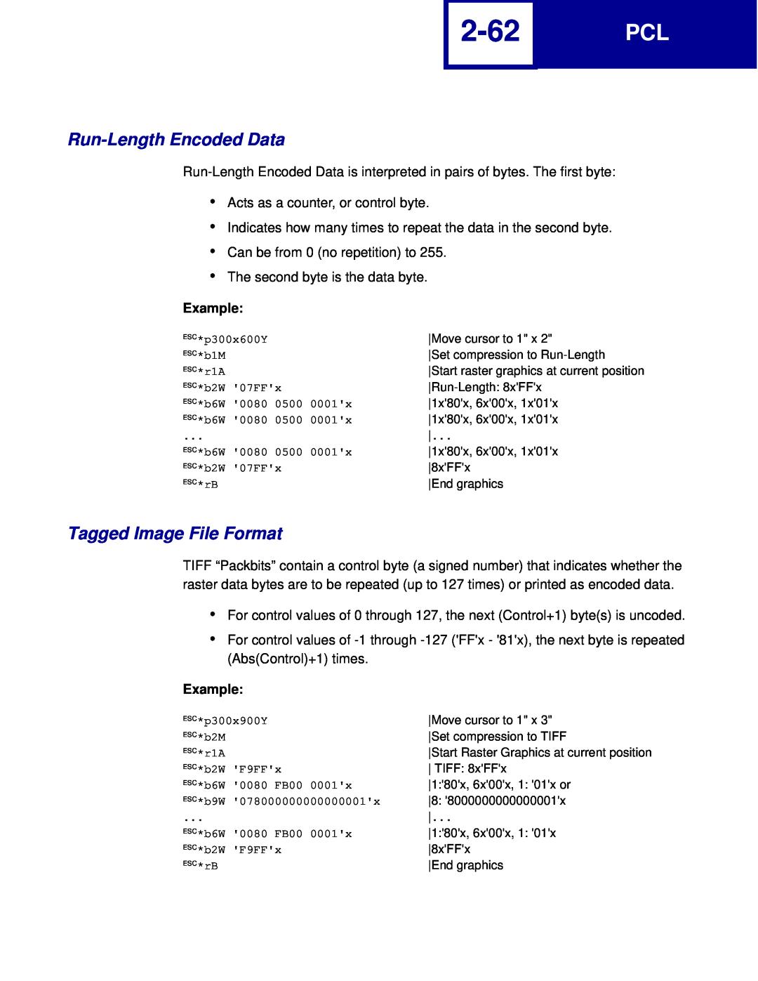Lexmark C760, C762 manual 2-62, Run-Length Encoded Data, Tagged Image File Format, Example 