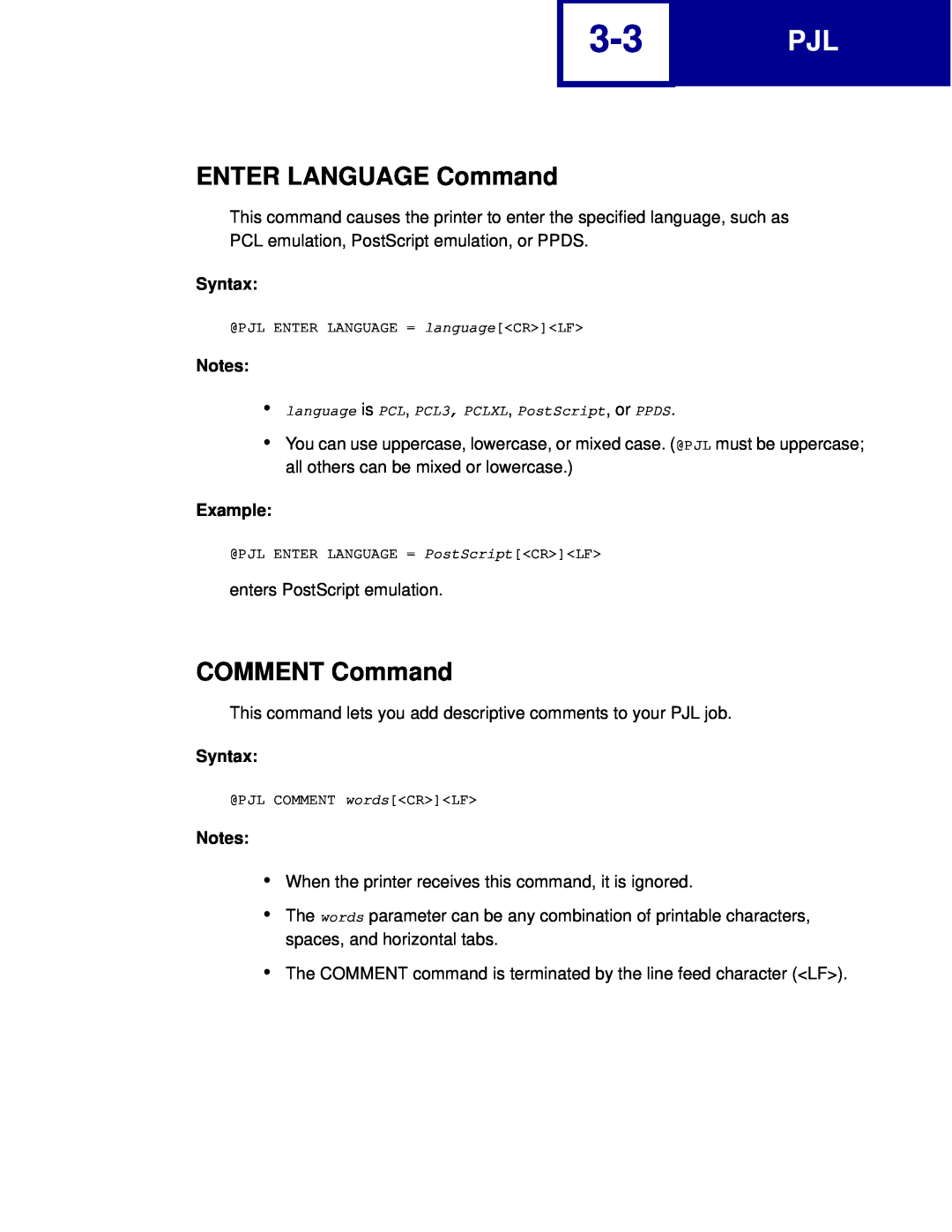 Lexmark C760, C762 manual ENTER LANGUAGE Command, COMMENT Command, Syntax, Example 
