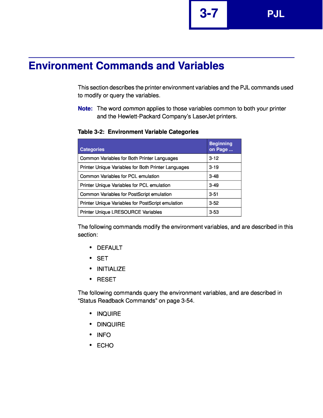 Lexmark C760, C762 manual Environment Commands and Variables, 2 Environment Variable Categories 
