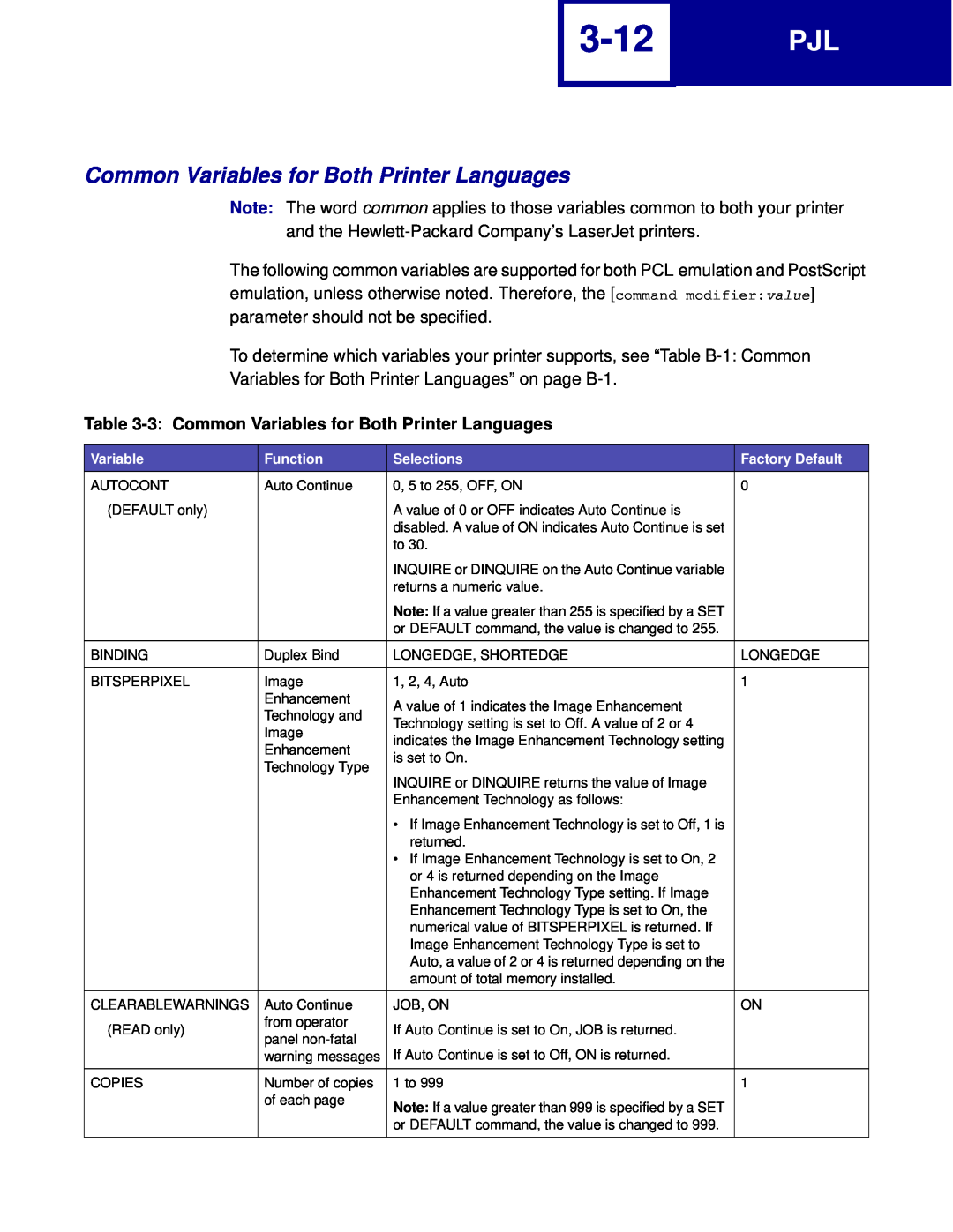Lexmark C762, C760 manual 3-12, 3 Common Variables for Both Printer Languages 