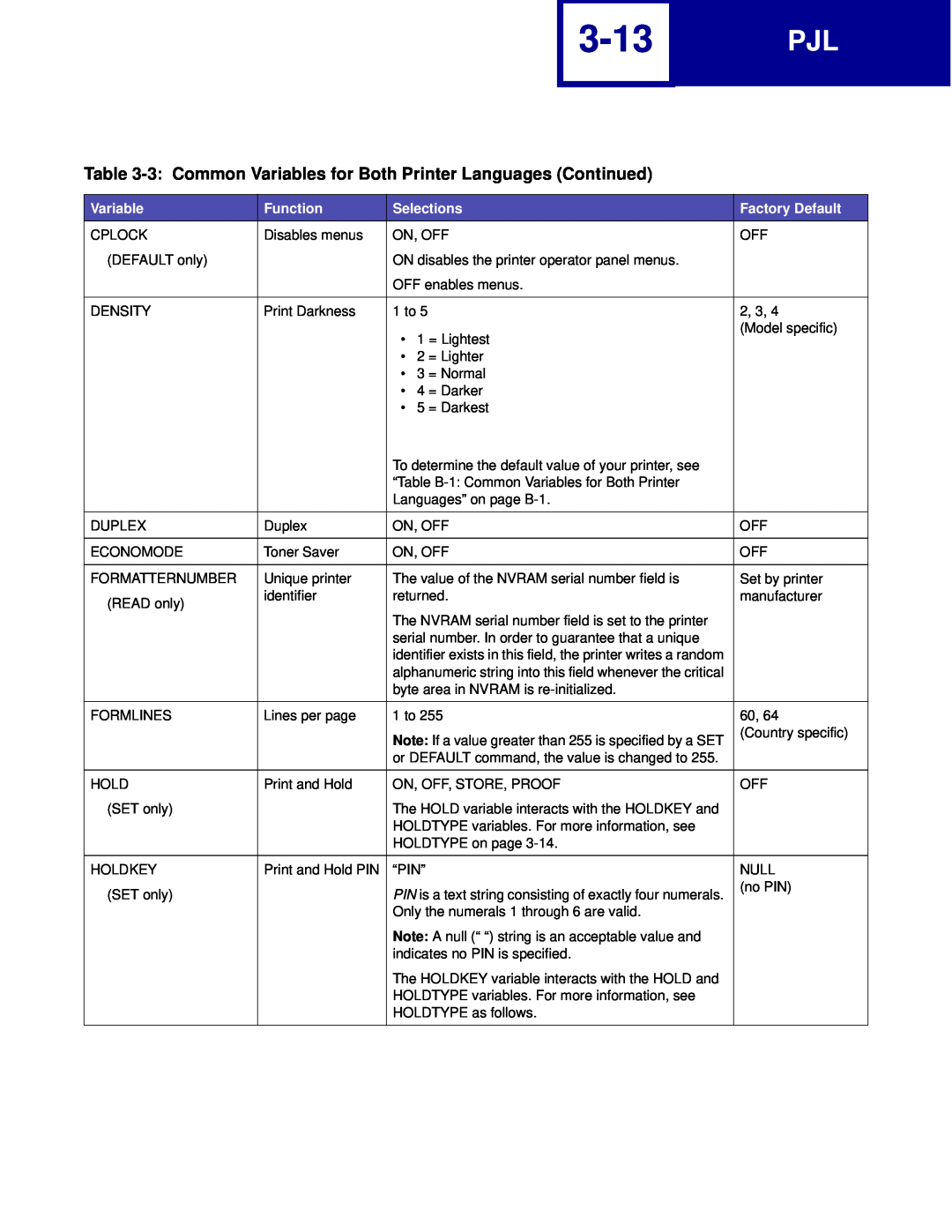Lexmark C760, C762 manual 3-13, 3 Common Variables for Both Printer Languages Continued 
