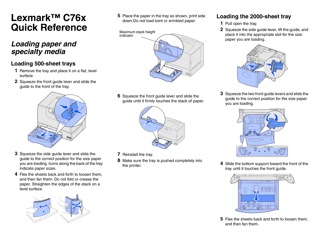 Lexmark C76X manual Loading paper and specialty media, Loading 500-sheet trays, Loading the 2000-sheet tray 