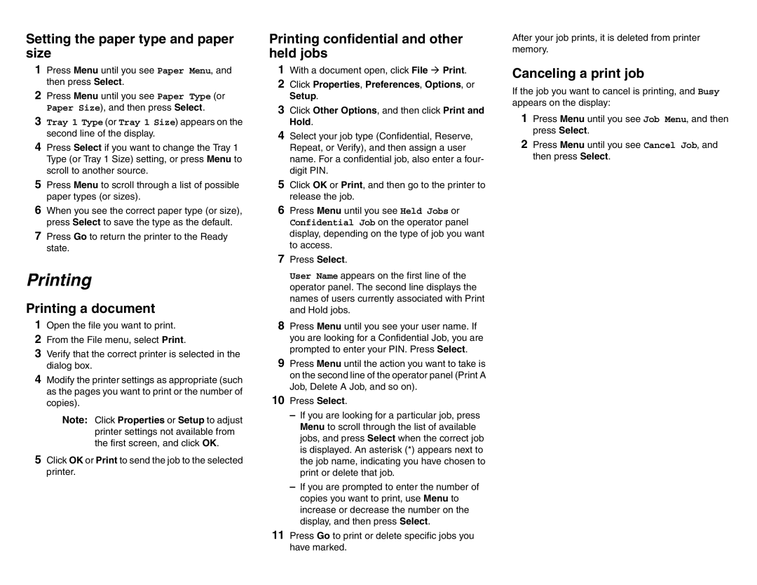 Lexmark C76X Setting the paper type and paper size, Printing a document, Printing confidential and other held jobs 