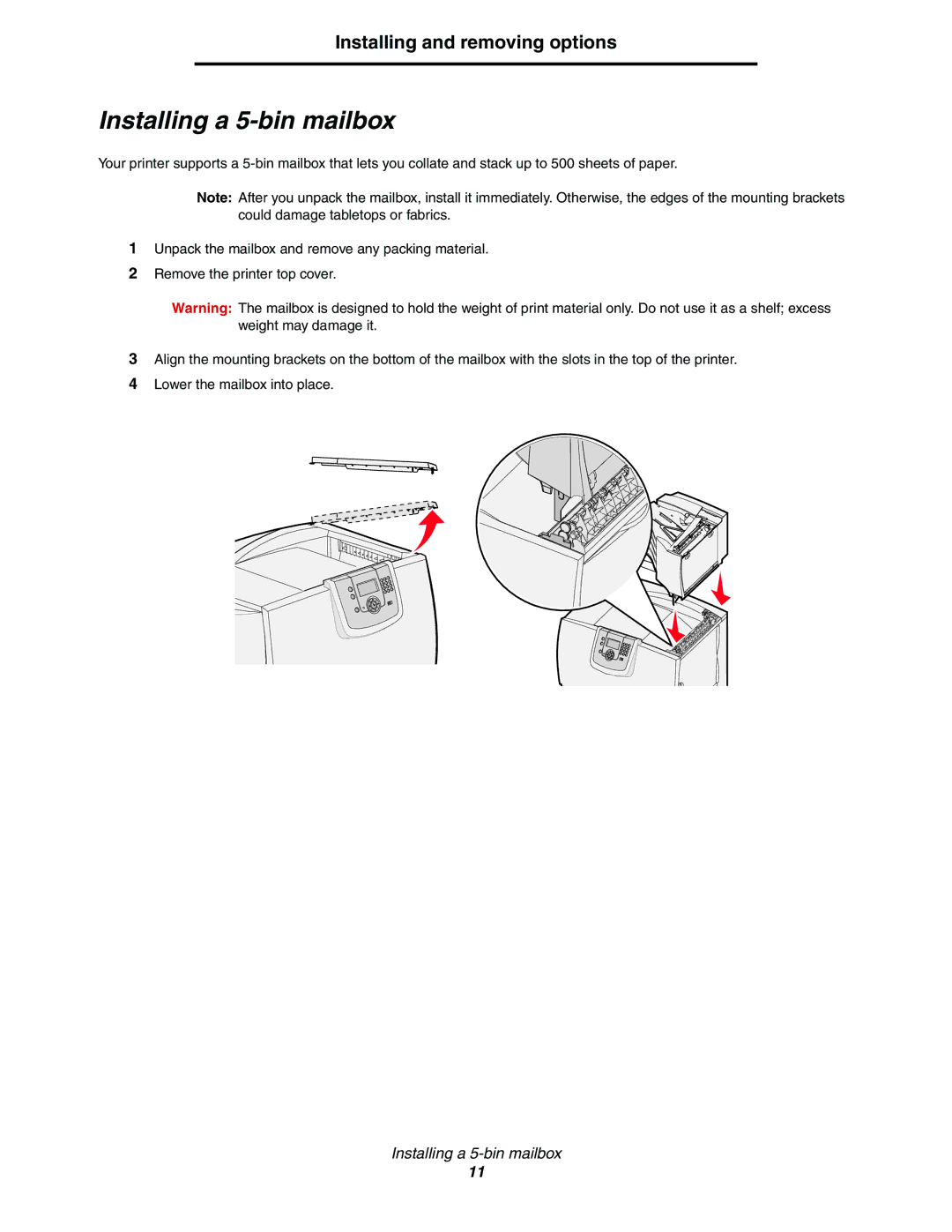 Lexmark C772, C770 manual Installing a 5-bin mailbox 